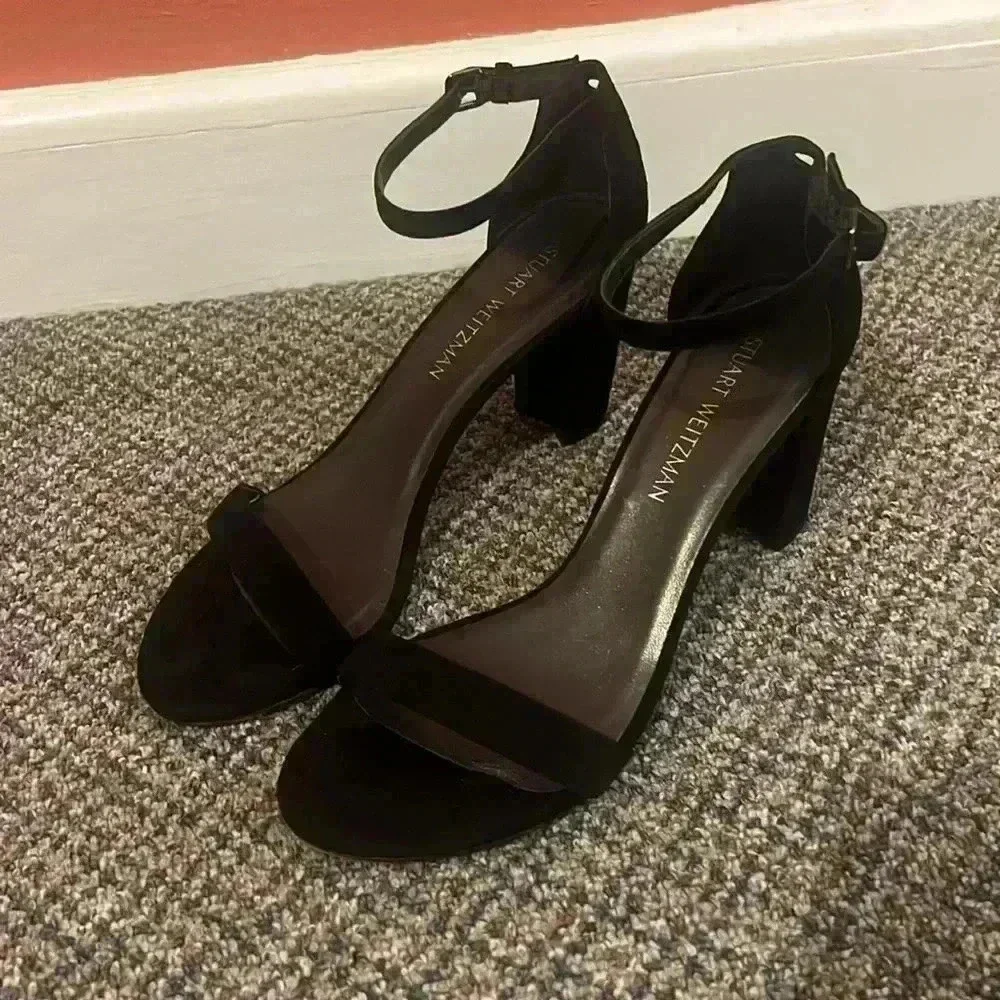 Stuart Weitzman Nearly Nude Suede Ankle Strap Black Pumps Women's 10 Wedding